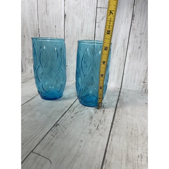 2 Anchor Hocking Madrid 10oz Aqua Blue 5" Diamond Quilted Glass Set MCM - Picture 2 of 3